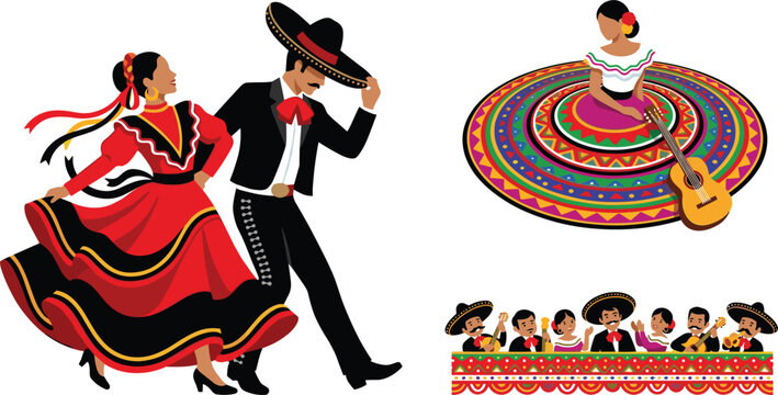 Mexican Folkloric Dance Vector Set with Jarabe Tapatio Hat Dance Couple, Traditional Skirt Seated Dancer, and Mariachi Band Border for Fiesta Graphic Designs