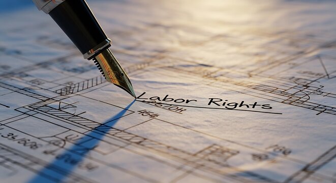 Fountain pen writing Labor Rights on a construction blueprint document