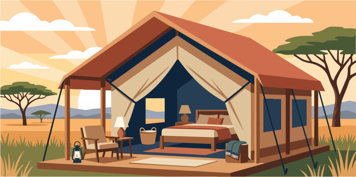 Luxurious Safari Tent Camp Bedroom with Cozy Indoor Outdoor Living Space in African Savanna africa accommodation interior tracing lines vector