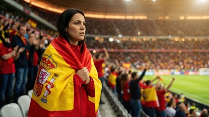 Spanish football fan wrapped in national flag at stadium