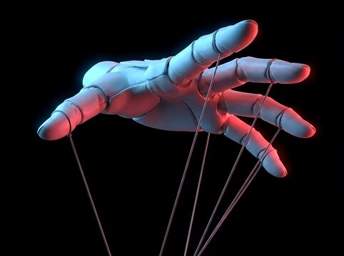 Robotic hand controlled by strings like a puppet on a black background