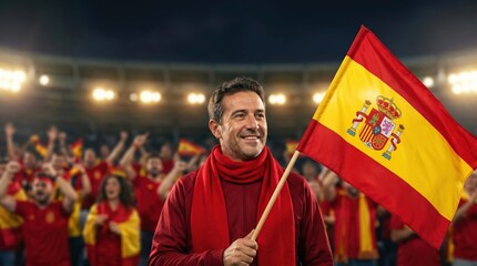 Spanish football fan celebrating with national flag in stadium