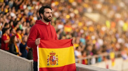 Spanish football fan holding national flag in stadium crowd