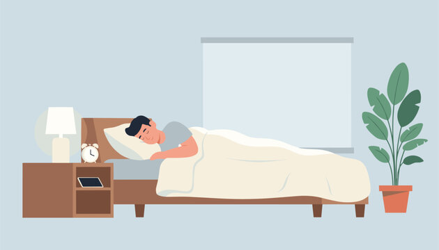Person sleeping soundly in a bed inside a bedroom with an alarm clock and a plant on a desk near a window.