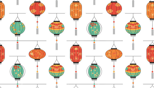 Seamless pattern featuring decorative Asian lanterns in red and green colors with floral patterns on a white background design.