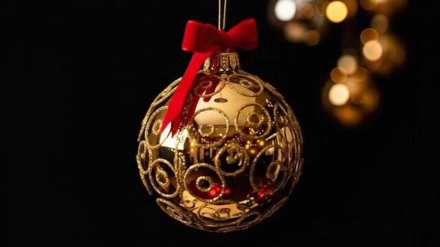 A shiny gold Christmas bauble with intricate swirl patterns and a bright red velvet bow hangs against a dark background