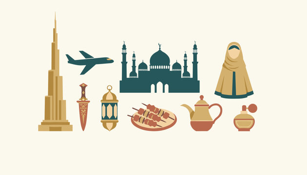Collection of middle eastern culture and travel icons including the burj khalifa airplane mosque lantern kebabs teapot and perfume.