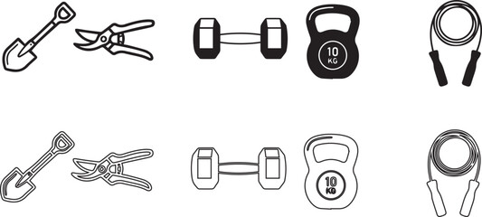 Black and white fitness equipment icons set with dumbbell kettlebell jump rope shovel and pruner tool. © Aloka