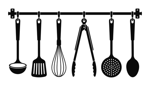 Kitchen utensils set hanging on metal rack isolated black silhouette vector illustration.