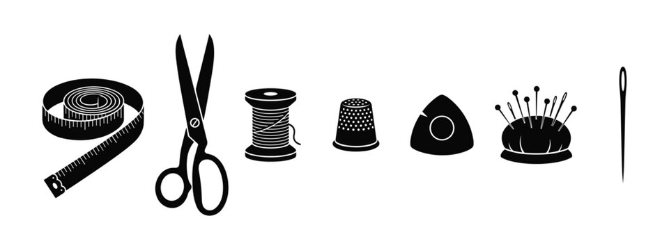 Set of black sewing icons including scissors tape measure thread spool thimble and needle.