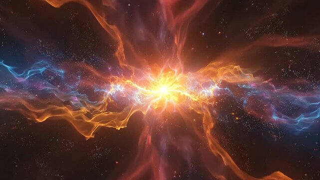 A vibrant cosmic explosion of orange and blue energy tendrils radiates from a brilliant central light source