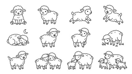 Fototapeta premium Cute Black and White Lamb and Mother Sheep Line Art Vector Collection with Adorable Farm Animals Playful Baby Lambs Hand Drawn Doodle Set