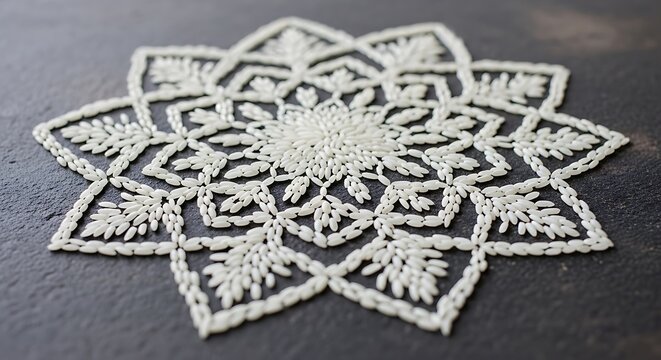 Mandala pattern made of white raw rice grains on a dark stone background