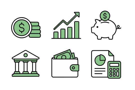 Finance icon set in vector with money, wallet and piggy bank graphics