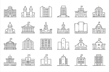 Fototapeta premium Civic Institution Outline Icons Including Museum University Hospital and Office Buildings