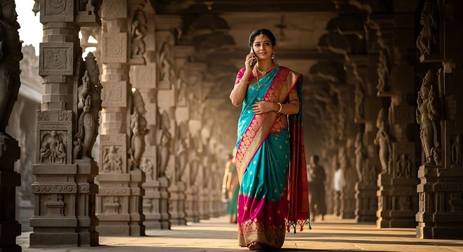 Indian woman wearing a traditional saree talking on a mobile phone in a temple