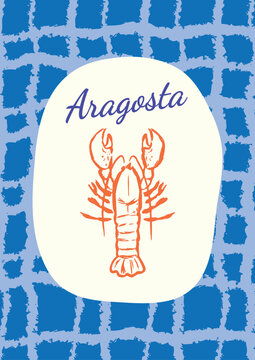 Aragosta Lobster Fresh Seafood Blue Check Grid Kitchen Aesthetic Poster