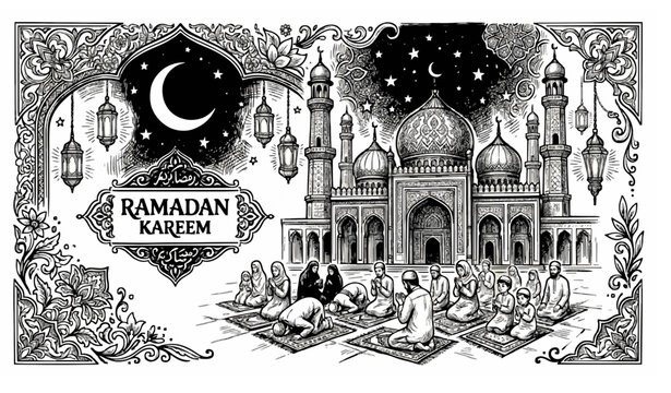 Ramadan Kareem Prayer and Mosque Hand Drawn Vector Illustration