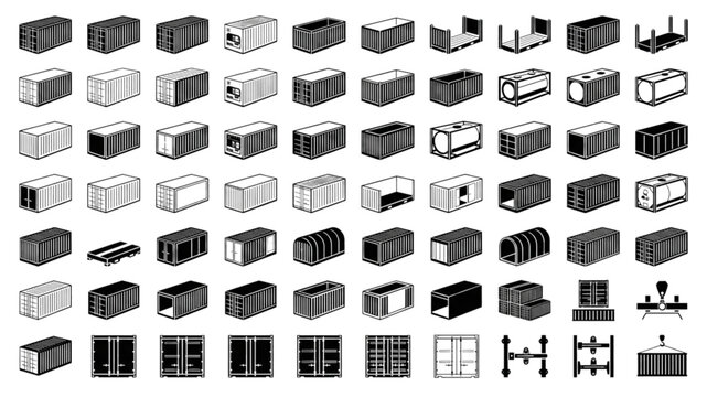 Industrial Shipping Container Vector Icon Collection with Dry Cargo High Cube Tank Reefer Open Top and Intermodal Freight Equipment Symbols