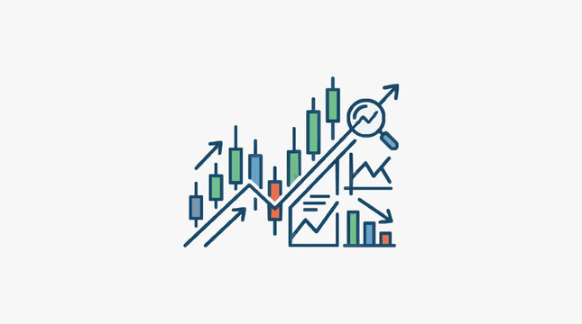 Financial stock market graph analysis with magnifying glass.