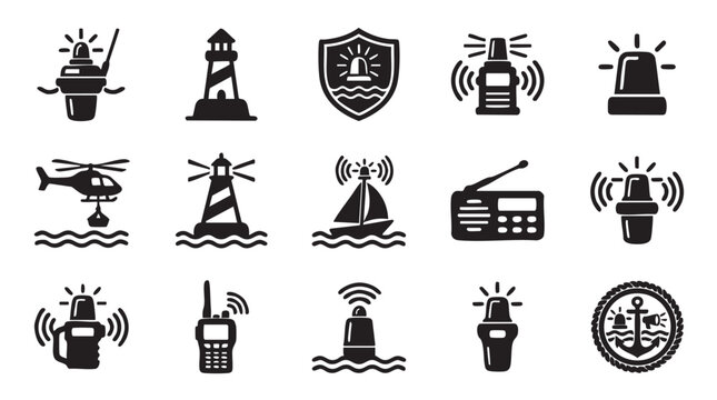 Nautical communication icons, marine signal symbols, lighthouse graphics, 16 black vector set