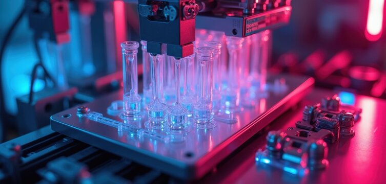 Automated lab equipment processes samples in small vials. Robot arm works with microfluidic device for research. High-tech science lab in operation.