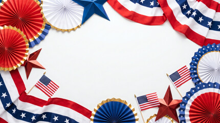 Obraz premium Vibrant 4th of July decorations adorn the scene with patriotic flags and star-spangled festive elements on display indoors.