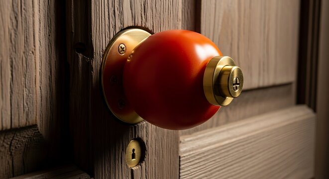 Modern round red door knob with brass hardware on a textured wooden door