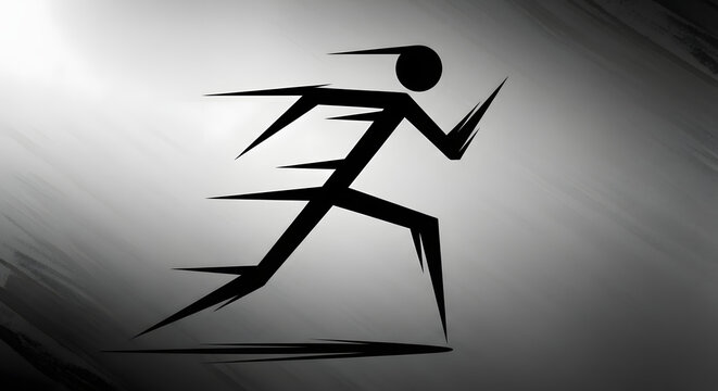 Dynamic stylized stick figure running silhouette with motion lines