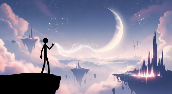 Stick figure casting magic light toward moon and floating islands in dreamlike sky