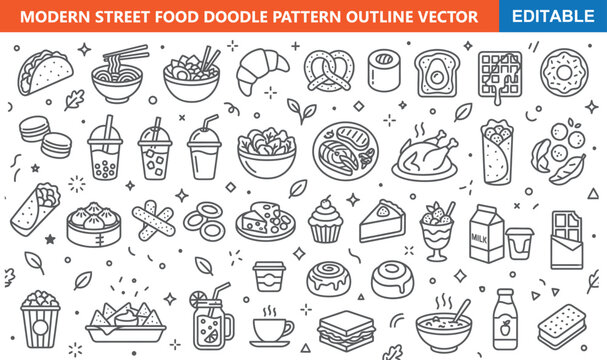 Modern street food doodle pattern outline vector
