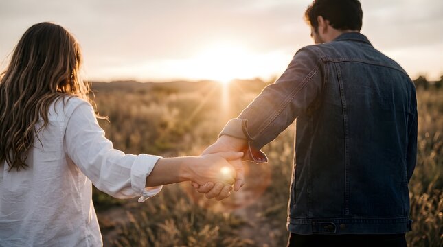 Romantic young couple holding hands walking together in nature field during beautiful sunset, back view, love and relationship concept.