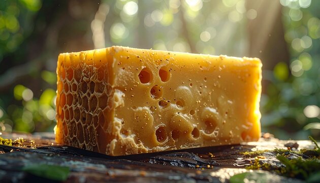 Wooden cheese board with aged gouda and almonds outdoors.