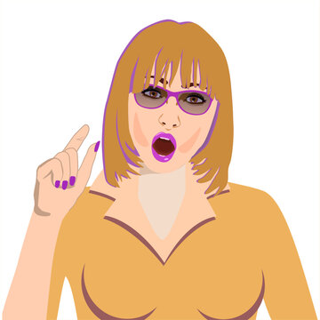 Vector illustration of a surprised redhead woman in purple glasses with her mouth open in shock, showing a small size of something with her fingers. Illustration in a pop art style.