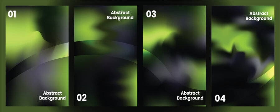 A collection of four modern abstract backgrounds featuring smooth, flowing green and black gradient shapes, suitable for posters, banners, or digital art.