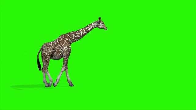 Giraffe walking on green screen background, realistic wildlife animal animation, chroma key safari footage, isolated african mammal, seamless 4k video