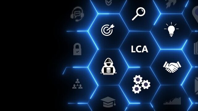 LCA, Life cycle assessment concept. Methodology for assessing environmental impacts associated on value chain product. Carbon footprint evaluation. ISO LCA standard aims to 4k motion on transparent.
