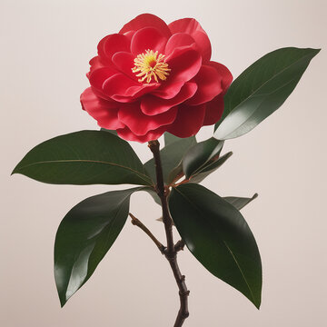 Single red camellia flower tsubaki with green leaves on a clean minimal background