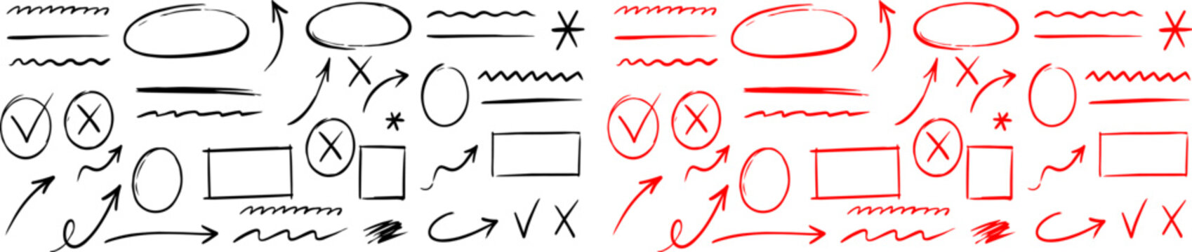Hand Drawn Red Doodle Brush Elements Set with Circles, Ovals, Underlines, Frames, Check Marks and Scribble Shapes Vector Illustration