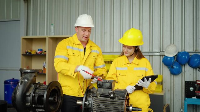 Two engineers in yellow uniforms and hard hats inspect an electric motor using a digital multimeter and tablet in a workshop. Teamwork in industrial maintenance and technical equipment repair.