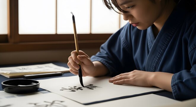 A focused person practicing traditional Japanese calligraphy with a brush and ink.