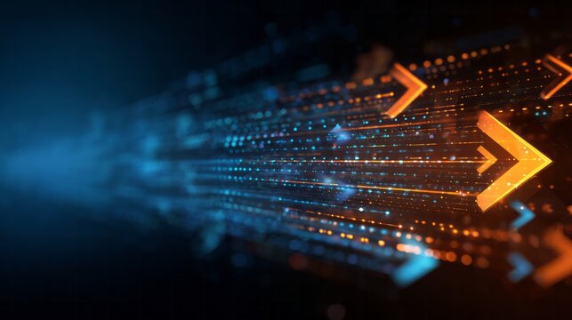 Digital arrows and light trails signify rapid data transfer and progress.