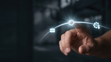 Obraz premium Jobs Signal & Rate Pressure - A hand presses a payroll switch in a minimal, clean setting, symbolizing the link between jobs and wage pressure in a modern workplace.