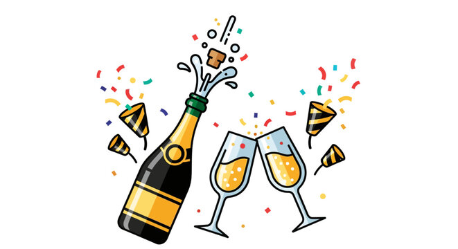 Champagne bottle and party glasses.