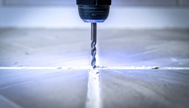 Close up of drill bit removing grout from tiles.