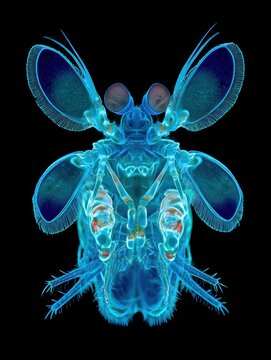 Peacock mantis shrimp faces the viewer in an attack stance, showcasing raptorial appendages raised for a threat display against a black background.