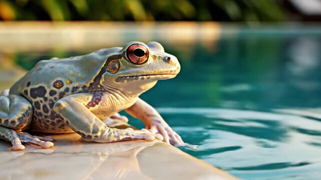 Frog resting on the edge of a swimming pool.