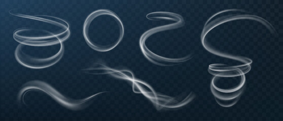 Fototapeta premium Wind air flow effect isolated on transparent background. Realistic cold wind symbol with flowing curves, swirl motion and breeze waves