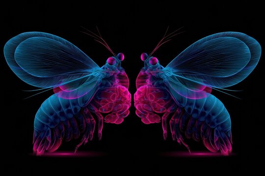 Two peacock mantis shrimp face each other, displaying neon colors in shades of cyan and magenta on a black background.