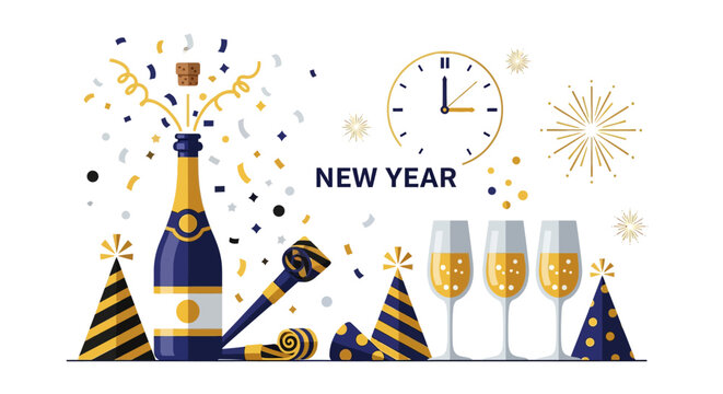 Champagne bottle with party accessories.